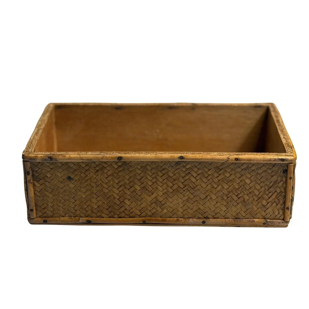VTG Woven Rattan Bamboo Tissue Box Cover Brown Boho Wicker Rectangular Dispenser